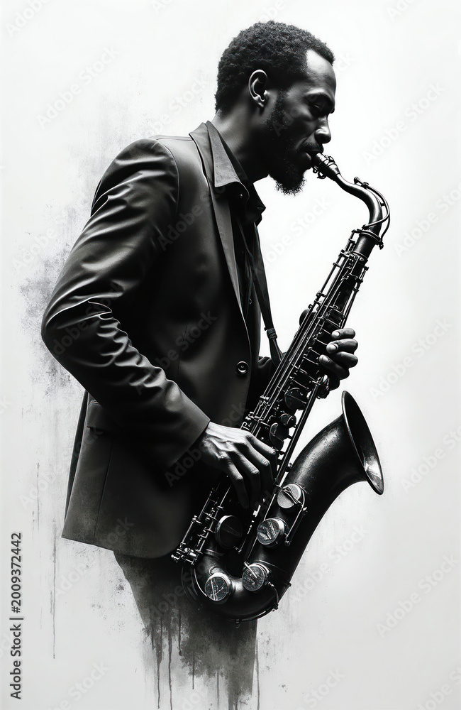 Naklejka premium Black and white sketch of a Black man playing saxophone. Musician in suit improvises jazz solo. Person creates soulful music on brass instrument. Artist performs live.