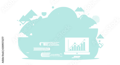 Digital Analytics and Growth Chart on Laptop Screen with Abstract Shapes