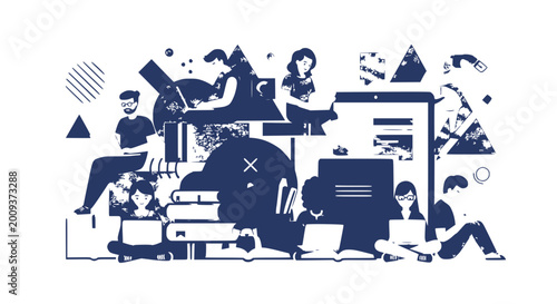 Diverse people learning and working with laptops and books, abstract shapes background