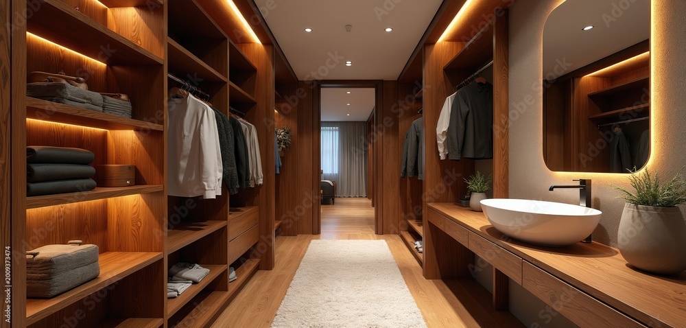 Fototapeta premium Luxury walk-in closet and bathroom with warm wood accents and ambient lighting. Organised shelves hold clothes and bags. Contemporary vanity with white sink and plants.