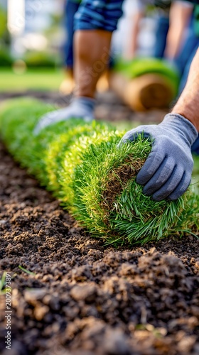 Fresh sod being unrolled by gloved landscaper over dry soil with visible roots in daylight