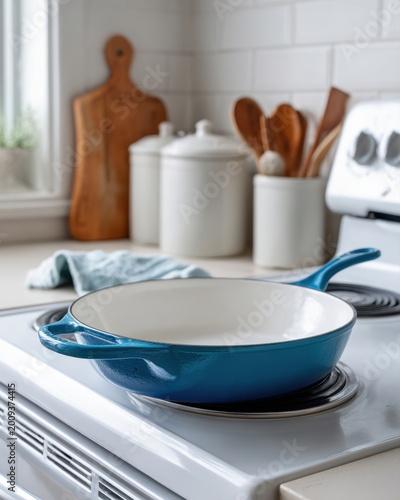 A blue enameled cast iron skillet with a white interior, on a white stove