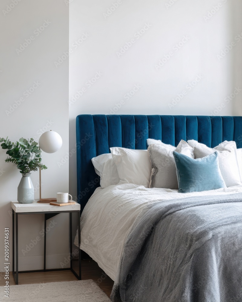 Fototapeta premium A blue velvet headboard against a white wall, soft light