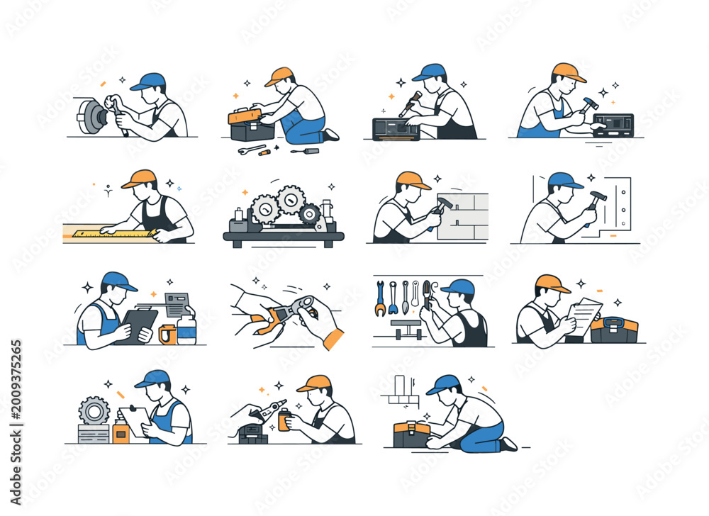 Fototapeta premium Skilled workers performing various repair and maintenance tasks with tools and equipment