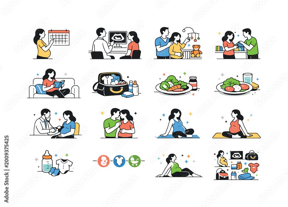 Fototapeta premium Pregnancy journey illustrations showing healthcare, lifestyle, and baby preparation