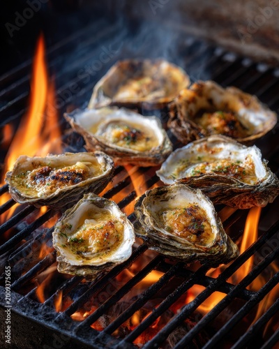 Overhead shot of grilled oysters on a charcoal grill, shells charred, sizzling garlic butter bubbling,