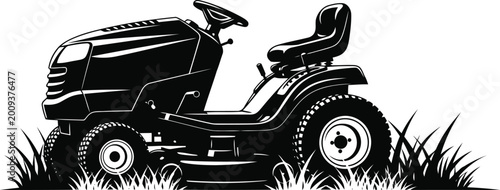 Black and white illustration of a riding lawn mower in tall grass Vector