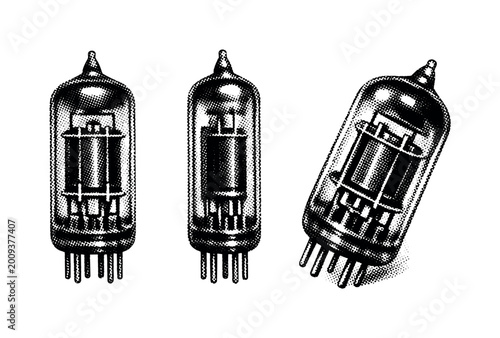 Vintage vacuum tubes arranged in a graphic illustration style