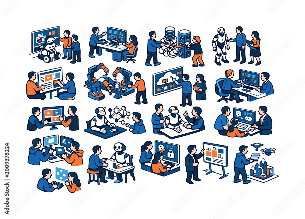 Fototapeta premium Diverse AI and robotics concepts illustrated with people collaborating and learning