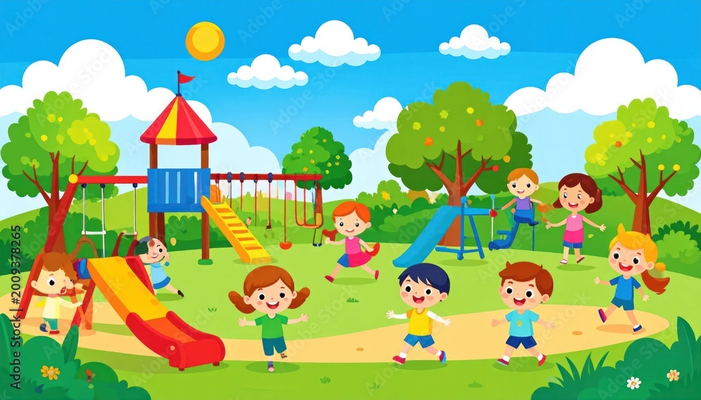 Naklejka premium Joyful cartoon children playing on a colorful playground outdoors