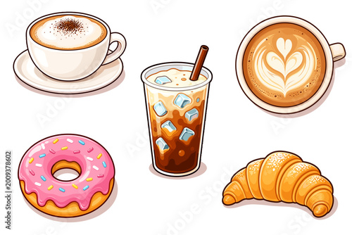 Coffee Shop Menu Pack - a set of vectors with a cup of coffee, latte coffee, ice coffee, croissant, and donut for coffee shops