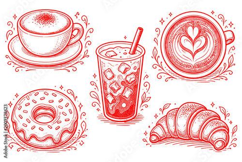 with a cup of coffee, latte coffee, ice coffee, croissant, and donut for coffee shops and other designs with red outline