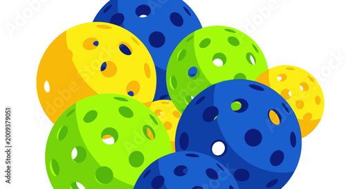 Foto Colorful Pickleball Balls Pile - Blue, Green, Yellow Outdoor Sports Equipment