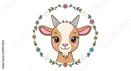 Photos Cute cartoon goat face framed by floral wreath, happy farm animal illustration