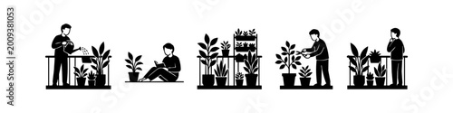 Foto Minimalist vector silhouette set of urban balcony gardening