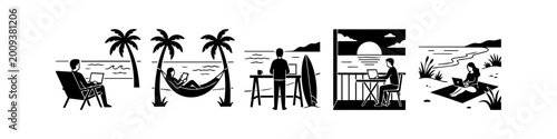 Cuadro en lienzo Set of minimalist black and white icons depicting digital nomads working remotely from tropical beach locations
