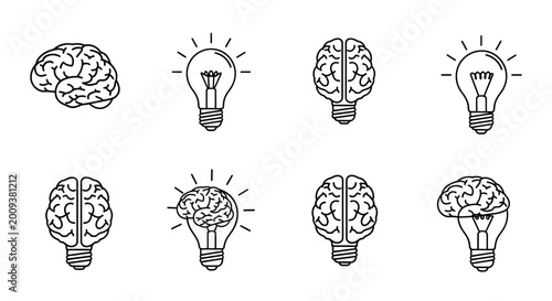 Tableau sur toile Brain and Light Bulb Icons Set: Idea, Innovation, Creativity, Thinking