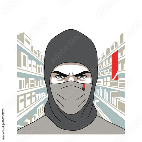 Bild auf Leinwand Intimidating Masked Figure in Supermarket Aisle