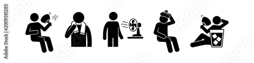Konstfotografi Stick figure icon set illustrating methods to cool down and prevent heatstroke during hot summer weather, featuring fans, ice packs, hydration, and towels