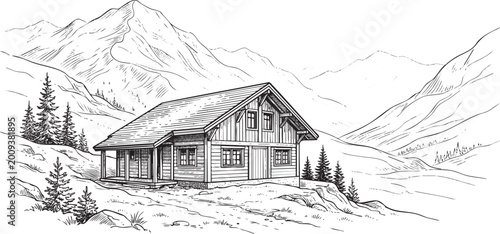 Wooden mountain cabin landscape illustration, vintage engraving of a rustic log house in the alpine mountains.