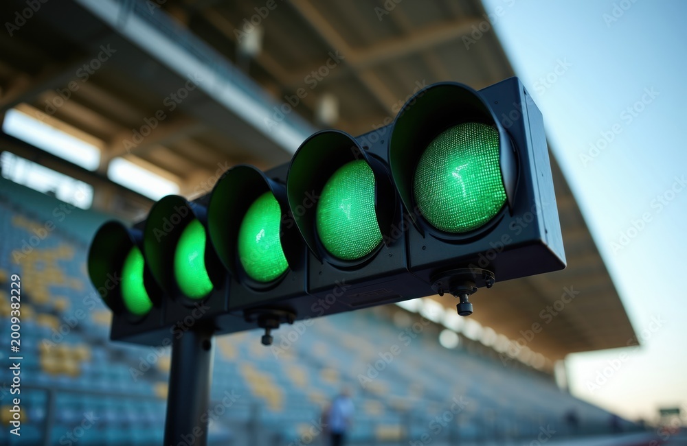 Obraz premium Racing circuit start lights show green. Ready for race to begin. Go signal for cars on track. Motorsport event starts now. Spectators await action in stands.