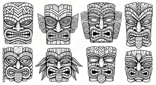 Tablou pe pânză Collection of Hawaiian Tiki Masks, Tribal Art, Polynesian Culture, Vector Illust