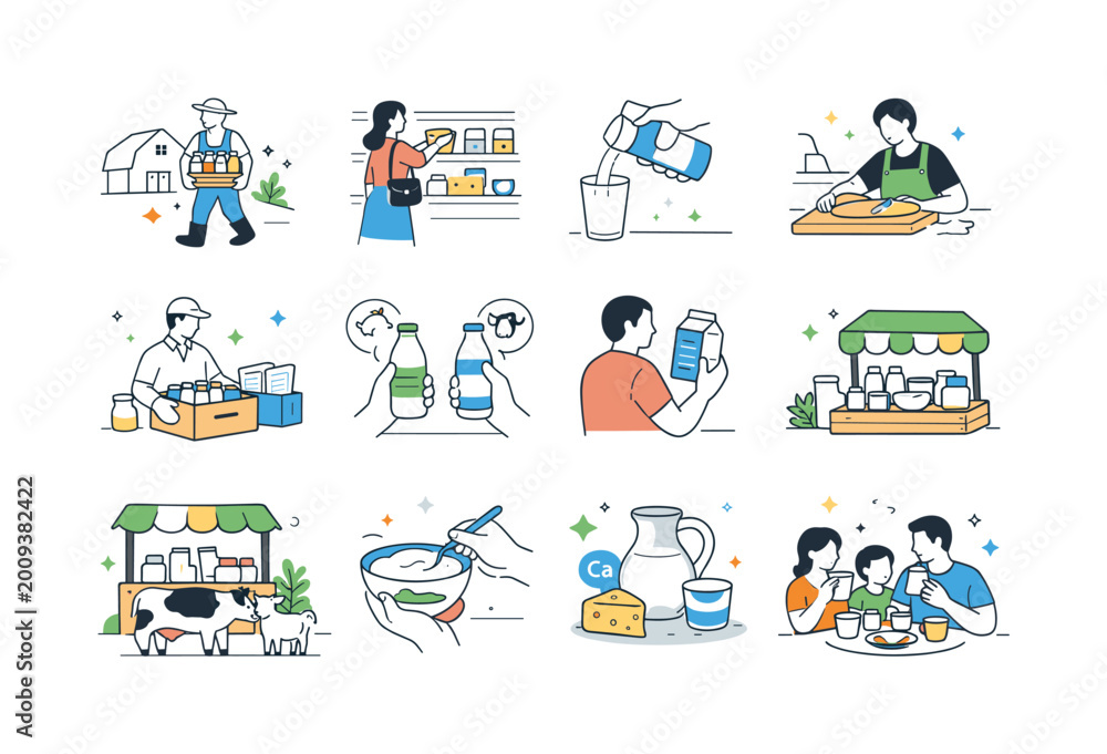 Fototapeta premium Dairy products and healthy lifestyle illustrations for a balanced diet