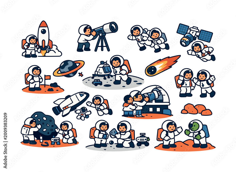Fototapeta premium Imaginative space exploration scenes featuring astronauts and celestial objects