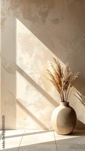 Dried pampas grass in a ceramic vase casts long shadows on a textured wall, warm natural light creates a serene atmosphere, suitable for interior design