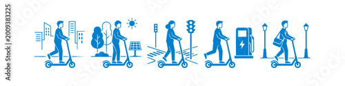 Fotografia Flat blue icon set depicting electric scooter use in various urban scenarios like commuting, park riding, charging, and crossing streets