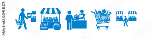 Set of blue icons depicting a farmers market experience, featuring people shopping, market stalls, and a full grocery cart of fresh organic vegetables and fruits on a white background.
