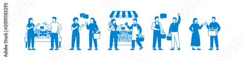 Foto Blue vector illustration set of people shopping at a farmer's market for fresh produce