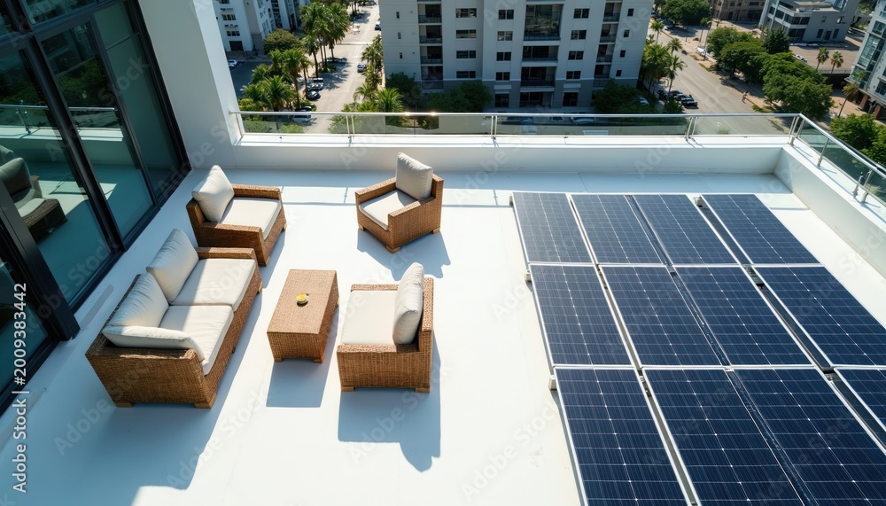Fototapeta premium Modern apartment rooftop terrace with solar panels and wicker furniture. Outdoor seating area offers city views. Sunny day illuminates green trees and buildings below.