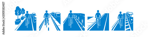 Set of icons showing various urban bicycle infrastructure designs, including protected lanes, bollards, and buffered paths for safe city cycling.