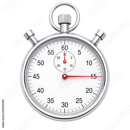 Professional silver analog stopwatch showing fifteen seconds past the minute displayed as an isolated icon on transparent background