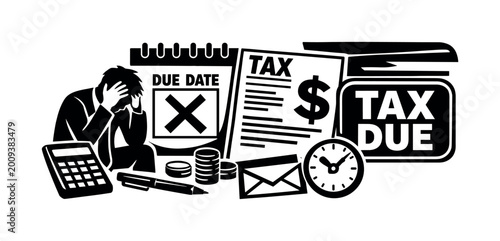 Stressed businessman facing tax deadline with calculator, calendar, and money symbols