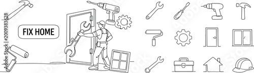 Home repair and renovation tools collection with a handyman fixing a door