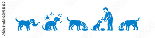 Blue vector icon set illustrating dog hydration and heat safety. Depicts a thirsty dog under a hot sun, an owner providing water, and pets drinking to stay cool and healthy in summer weather.