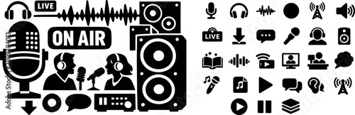 Collection of broadcast and audio icons for podcasting and radio production