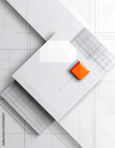 Clean white geometric overlay with orange diamond accent