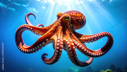 Detailed orange octopus with textured skin and suckers gracefully swimming in deep blue ocean water with sunbeams filtering from above, marine life concept