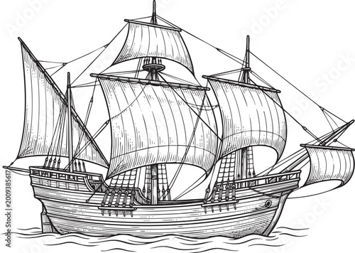 Cuadro en lienzo Vintage wooden sailing ship illustration, hand-drawn vector sketch of a 17th century galleon on sea