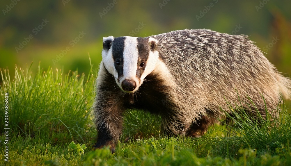 Fototapeta premium a curious badger standing in a lush green meadow looking directly at the camera