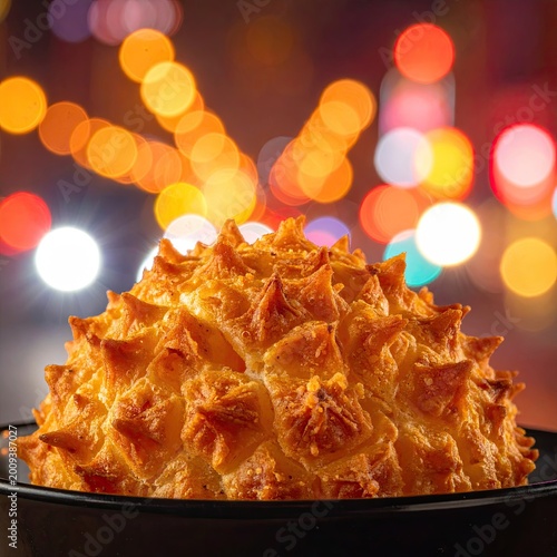 Golden, spiky pastry dome sits in black bowl, city lights blur behind