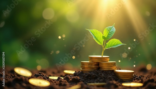 Green sprout grows from stack of golden coins in soil. Sunlight shines on new life emerging from wealth. Concepts of finance investment growth and prosperity.