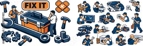 Set of repair service actions with tools and mechanics fixing various items