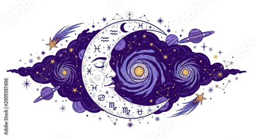 Bild auf Leinwand Celestial Moon Face with Zodiac Symbols, Galaxy, Stars, and Planets