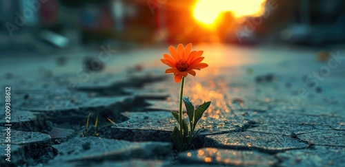 Single orange flower pushing through cracked ground, bright sunset glow in background
