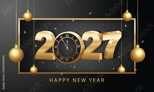 Premium Happy New Year 2027 Banner with Golden Decorations