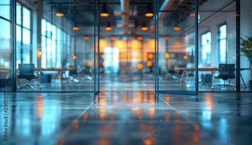 Modern office interior with glass walls, warm lighting, and reflections on polished floor
